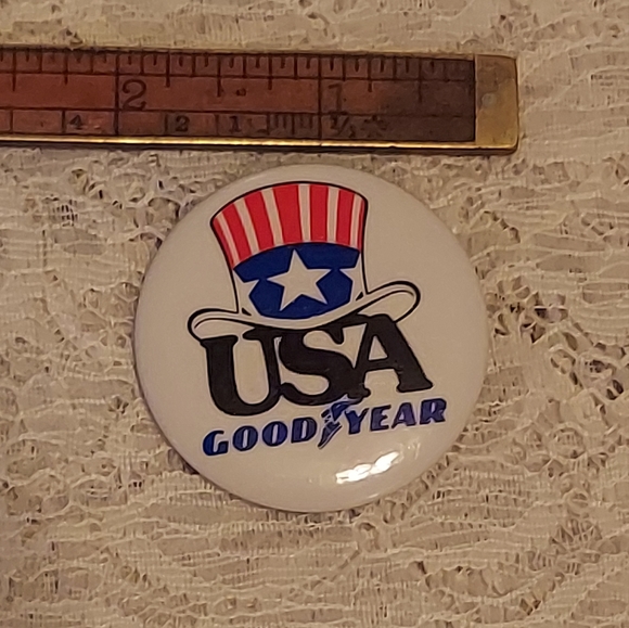 Vintage Goodyear USA Button Pin Uncle Sam's Hat Red White and Blue Patriotic - Picture 2 of 6